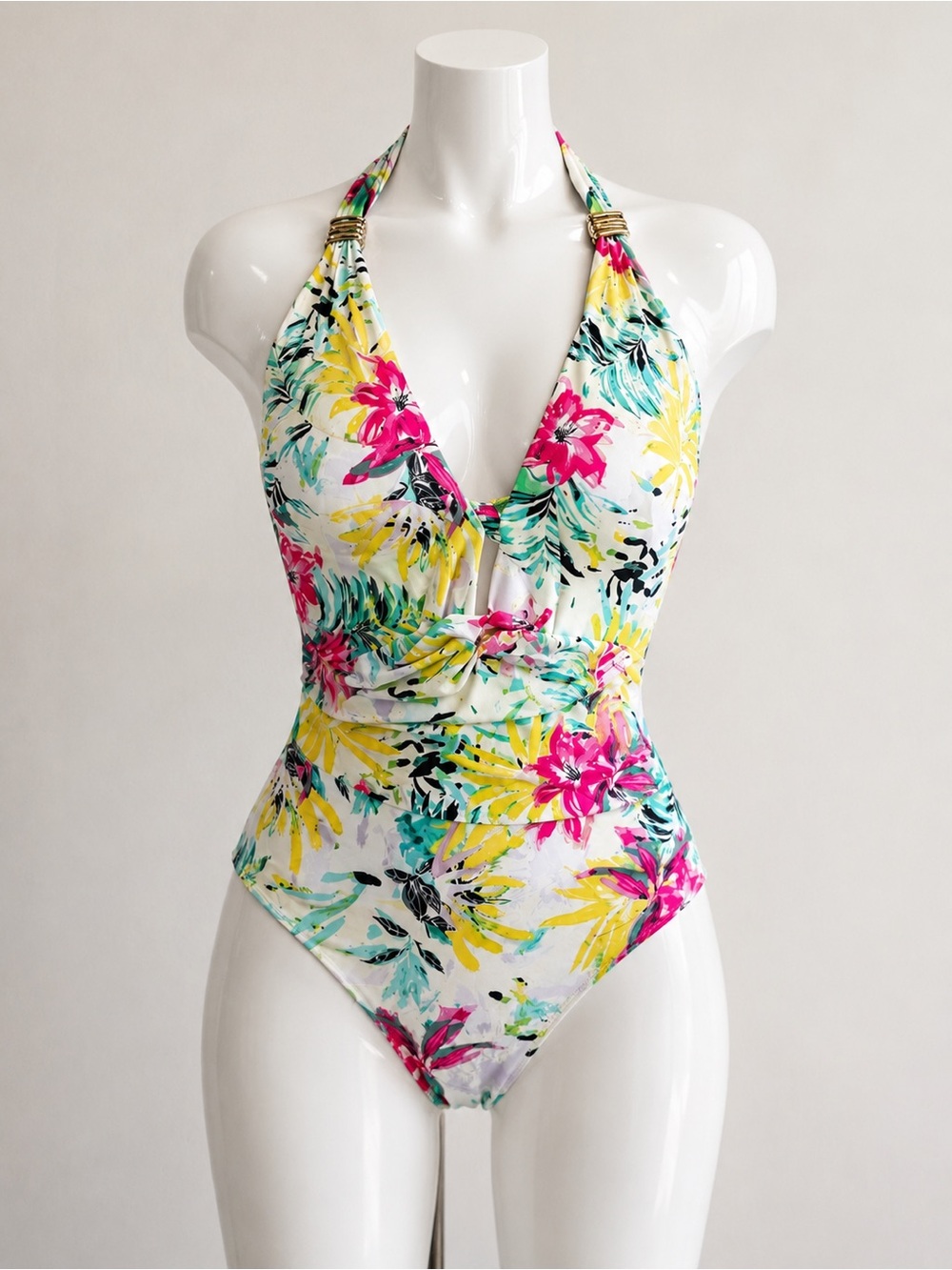 Bar III White Floral Halter One-Piece Swimsuit with Pink & Yellow Flowers size L